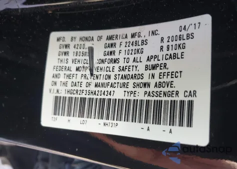 2017 Honda Accord Lx z USA, uszkodzony, nr VIN 1HGCR2F35HA204347